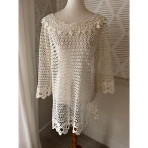 Small Cream Lace Knit Croquet Coastal Grandma Dress Overlay or Swim Coverup